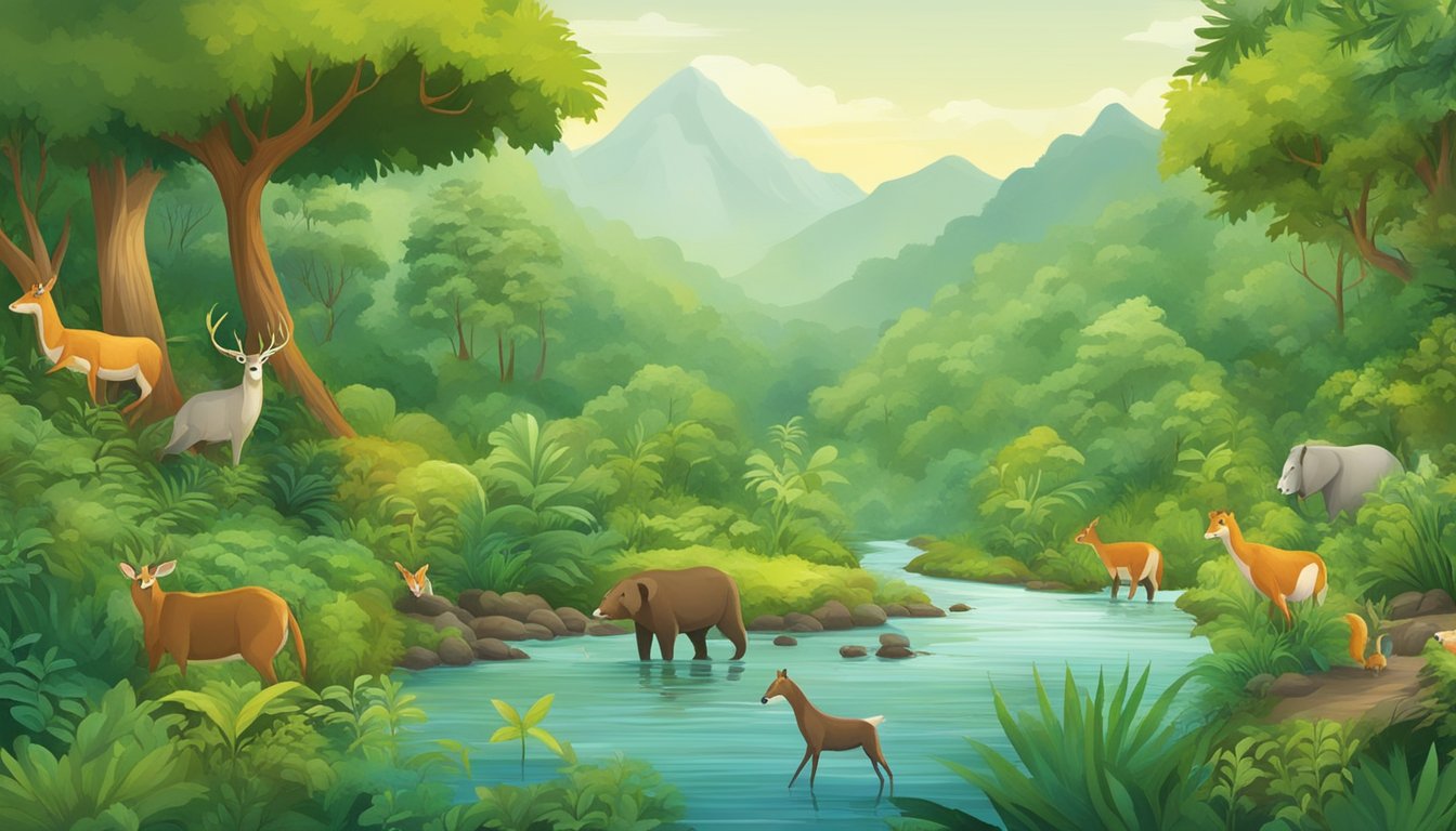 A lush forest with diverse plant life, a flowing river, and various animals foraging for natural fibers