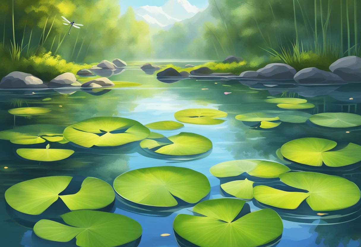 Sunlight glistens on the tranquil pond, where smooth, moss-covered rocks line the shore. Water lilies bloom, and dragonflies flit above the glassy surface