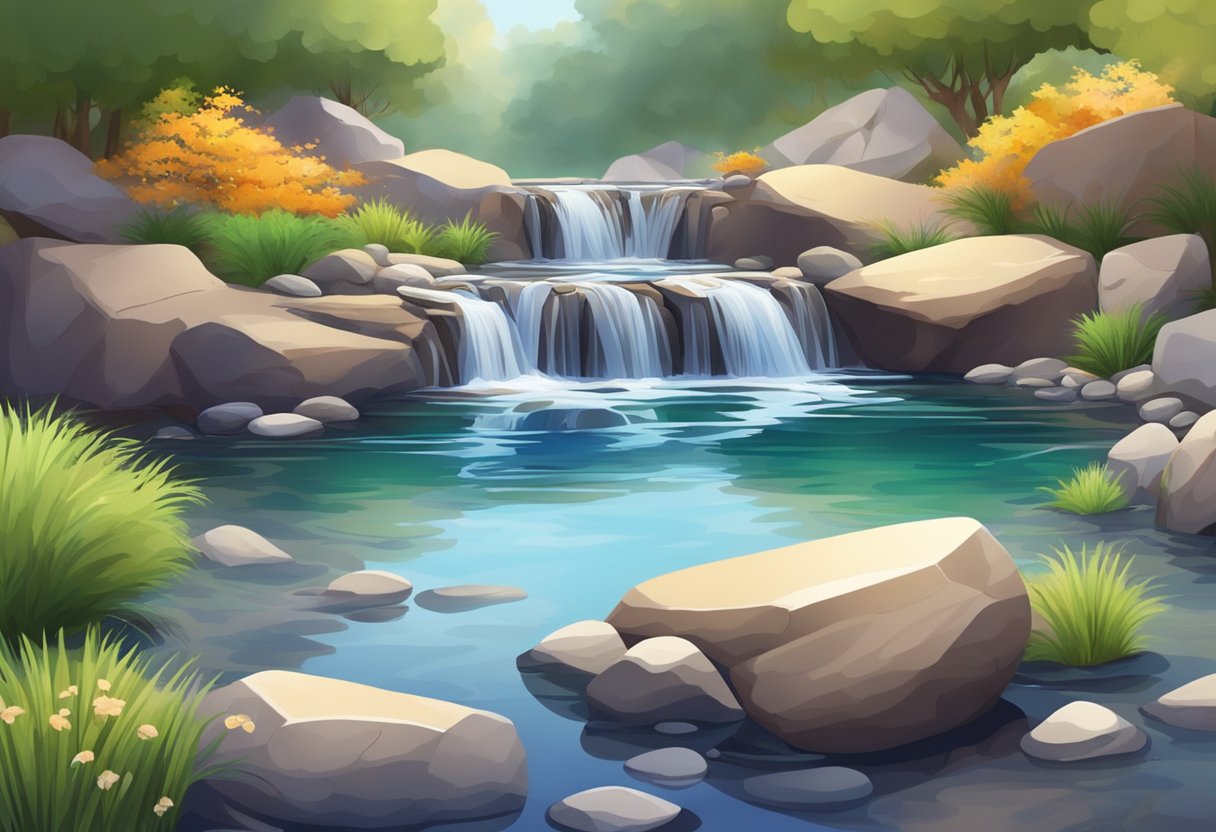 A serene pond surrounded by colorful rocks and gravel, with water flowing gently over the smooth surfaces, creating a peaceful and natural atmosphere