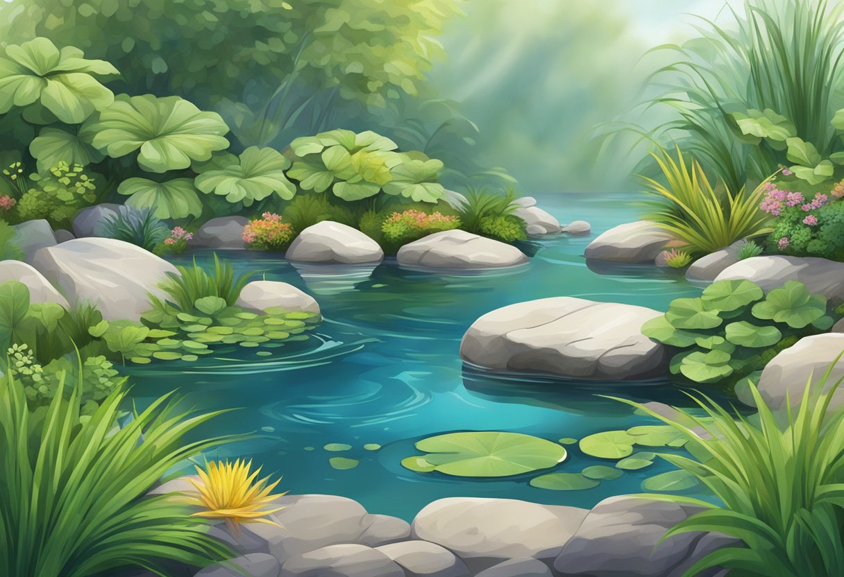 Lush aquatic plants intertwine with smooth pond rocks, creating a serene and vibrant pond landscape