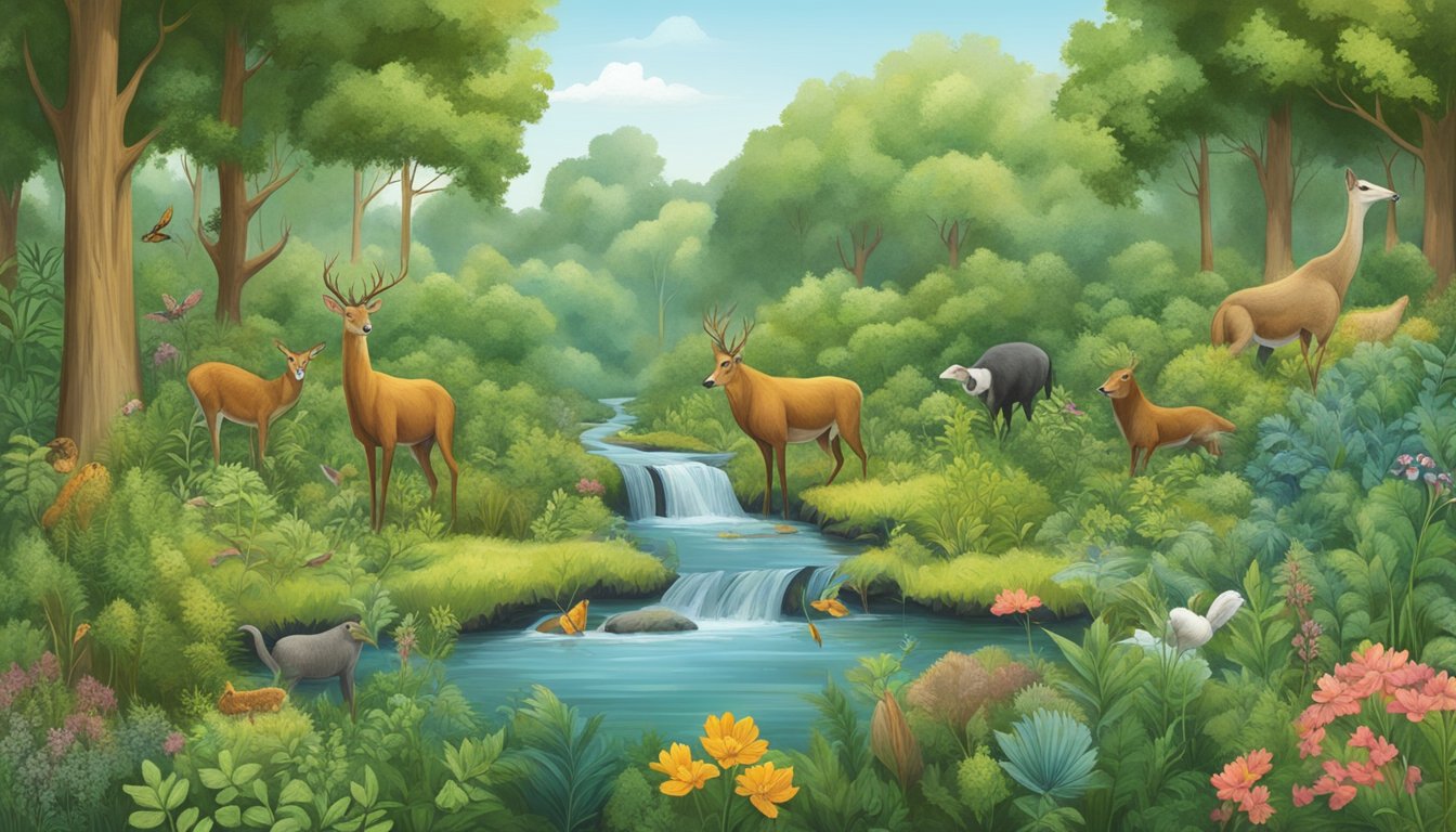 A lush forest with diverse plant life, including flax, cotton, and hemp, growing in harmony. Various animals and insects interact with the plants, showcasing a balanced ecosystem