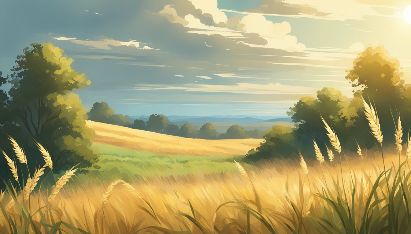 An open field with tall, wild grasses swaying in the wind. Sunlight filters through the clouds, casting a warm glow on the ancient cereals growing among the foliage