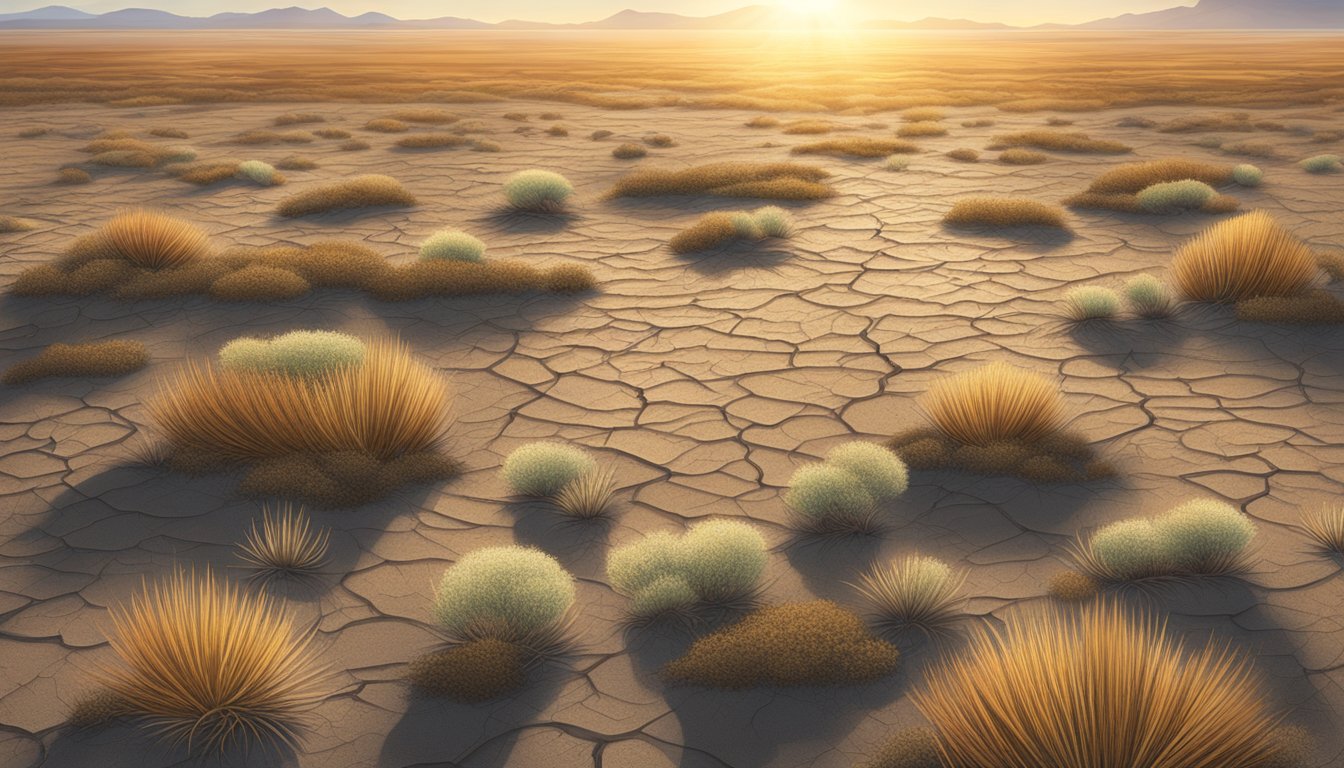 A vast, arid landscape with scattered patches of wild cereals growing among dry, cracked earth and sparse vegetation. The sun beats down on the scene, emphasizing the harsh impact of climate change