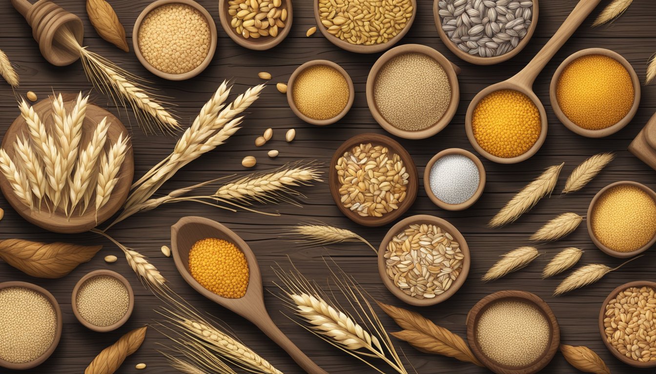 An array of ancient wild cereals scattered across a rustic wooden table, surrounded by foraged grains from around the world