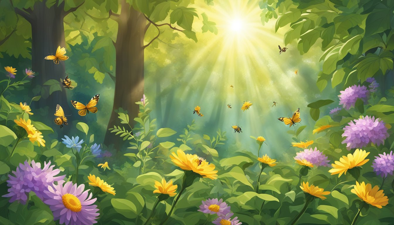 A lush forest clearing with a variety of wild plants and flowers. Bees and butterflies flit among the foliage, while sunlight filters through the canopy