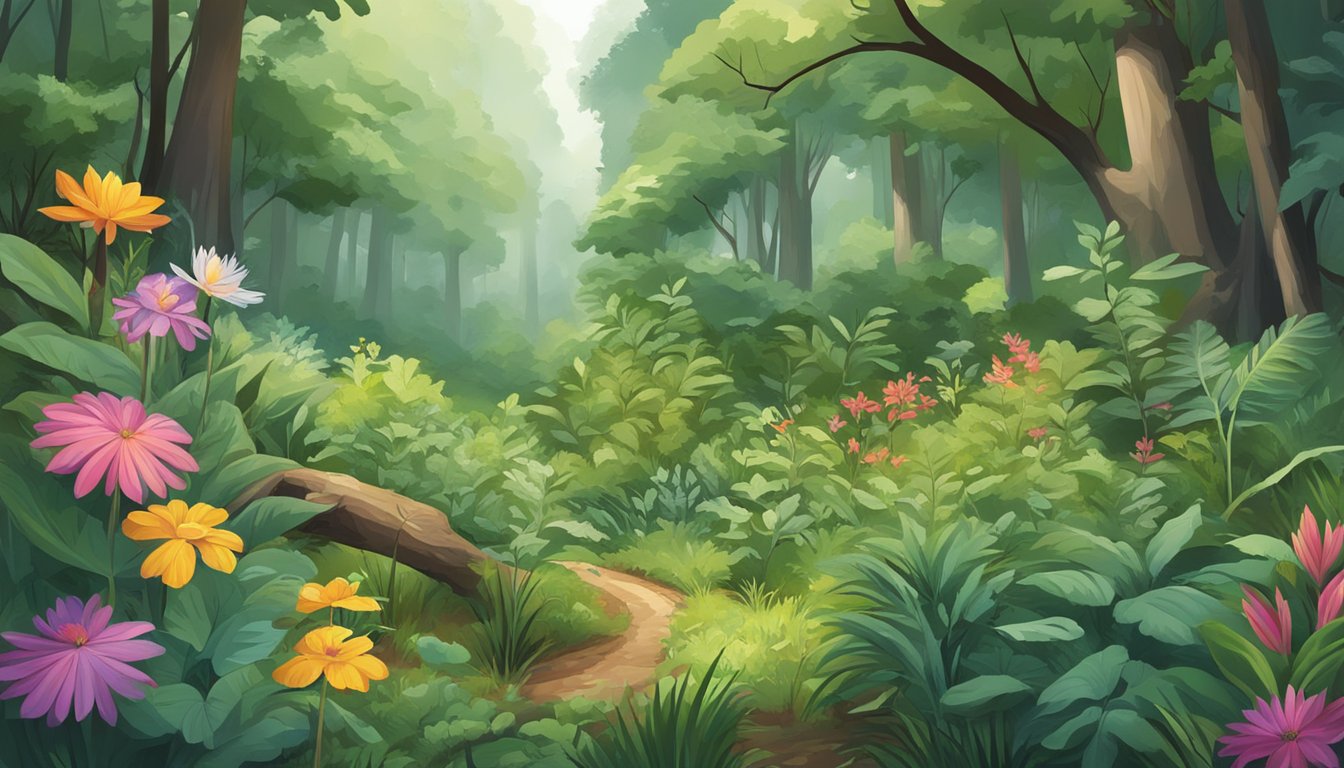 A lush forest with diverse plant life and a forager carefully tending to the wild, cultivating a harmonious and sustainable forest garden