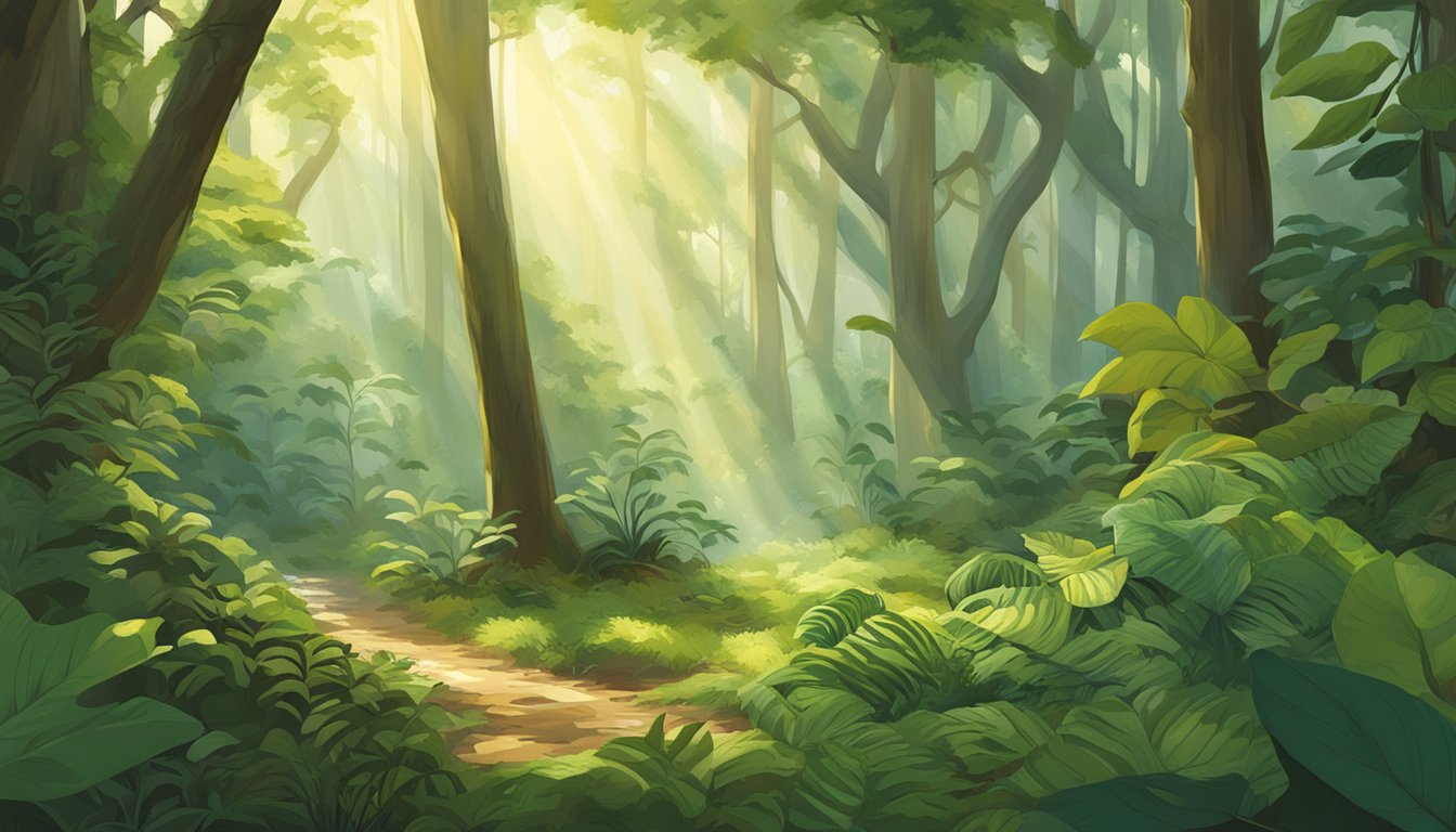 Sunlight filters through the dense canopy, illuminating a lush forest floor teeming with diverse plant life. A forager carefully tends to the wild, cultivating a harmonious relationship with nature