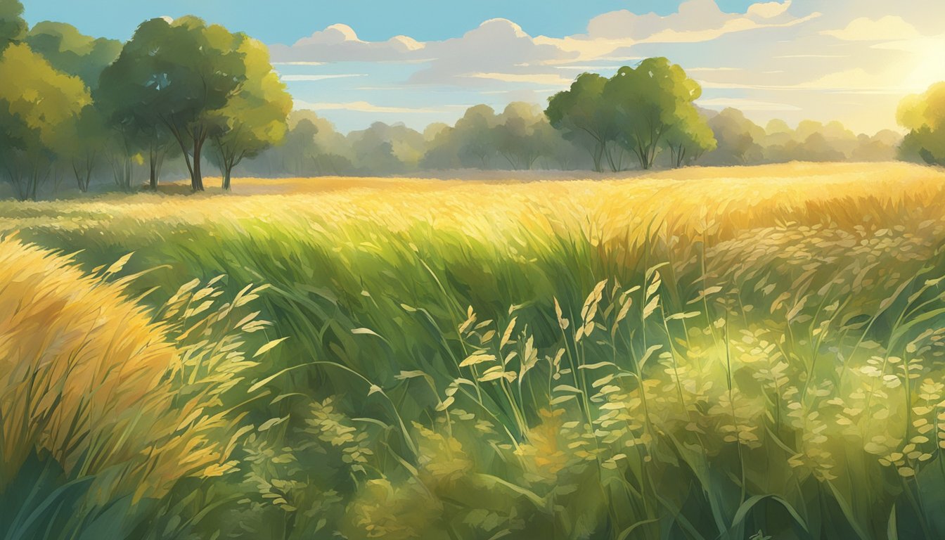 A lush, vibrant field of ancient wild cereals, with diverse grains and grasses intermingling in a harmonious ecosystem. Sunlight filters through the canopy, casting a warm glow on the scene