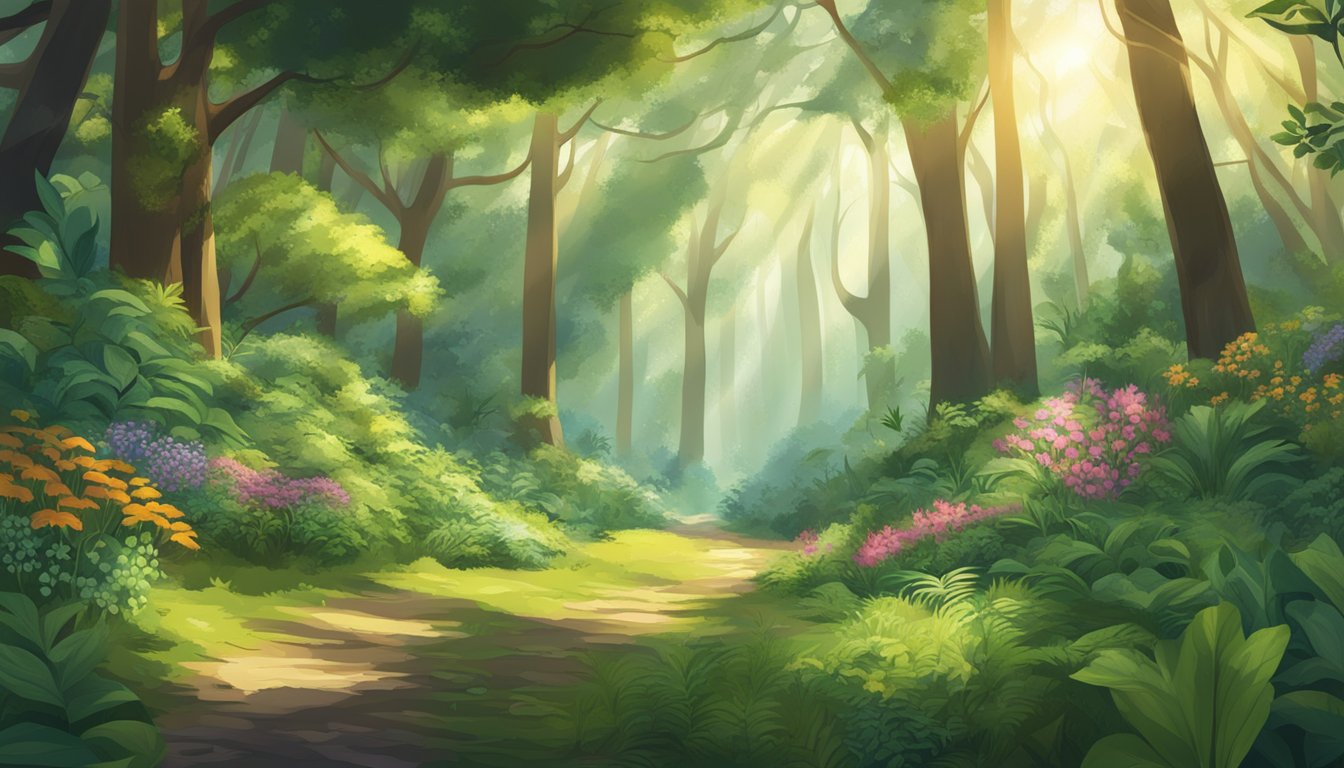 A lush forest with sunlight filtering through the canopy, showcasing a variety of wild plants and flowers that could be used as natural sweeteners