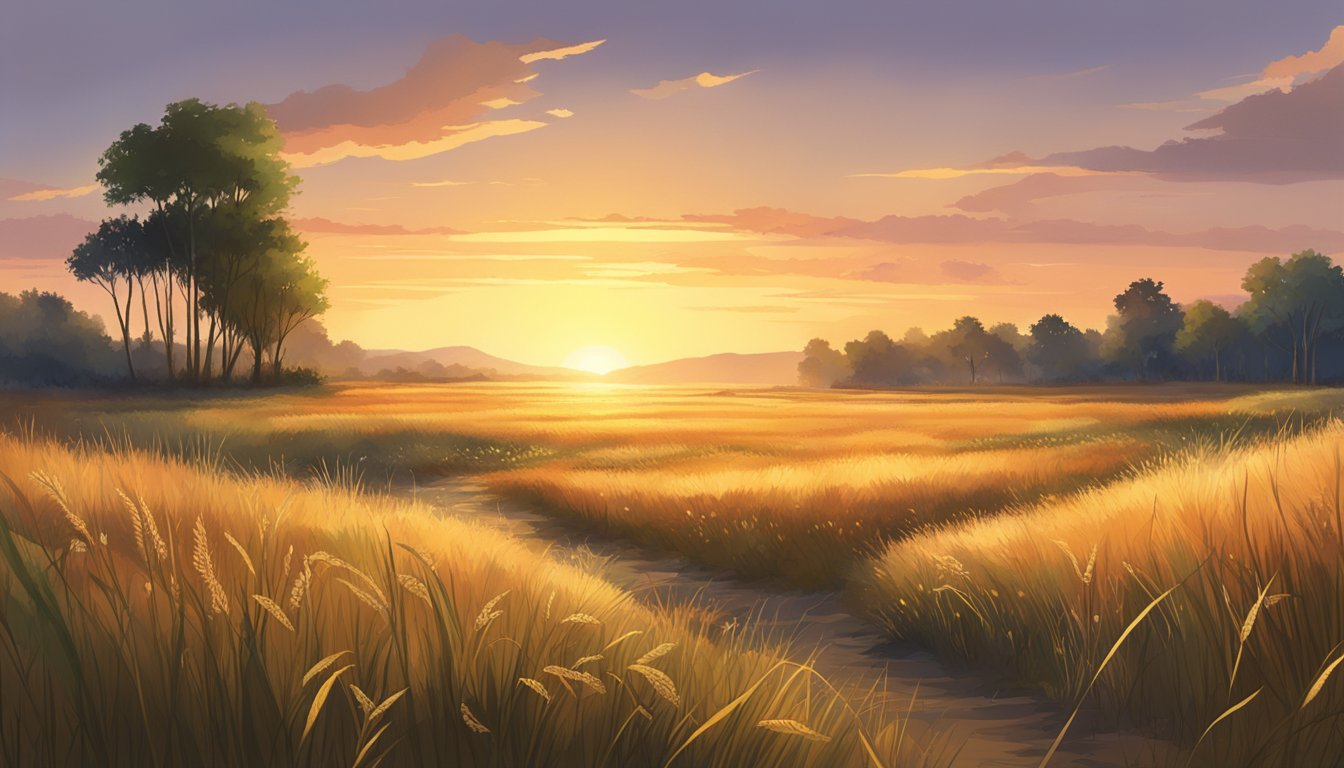 A lush, untamed landscape with diverse, tall grasses and scattered patches of ancient wild cereals. The sun sets in the distance, casting a warm glow over the scene