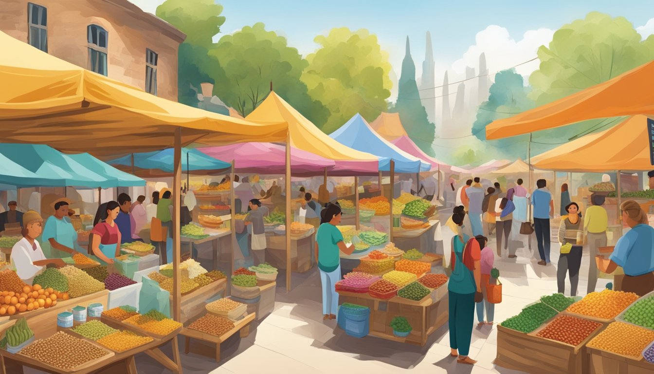 A bustling market with colorful stalls selling wild natural sweeteners like honey, agave, and maple syrup. Vendors and customers interact amidst the vibrant display of fresh, organic products