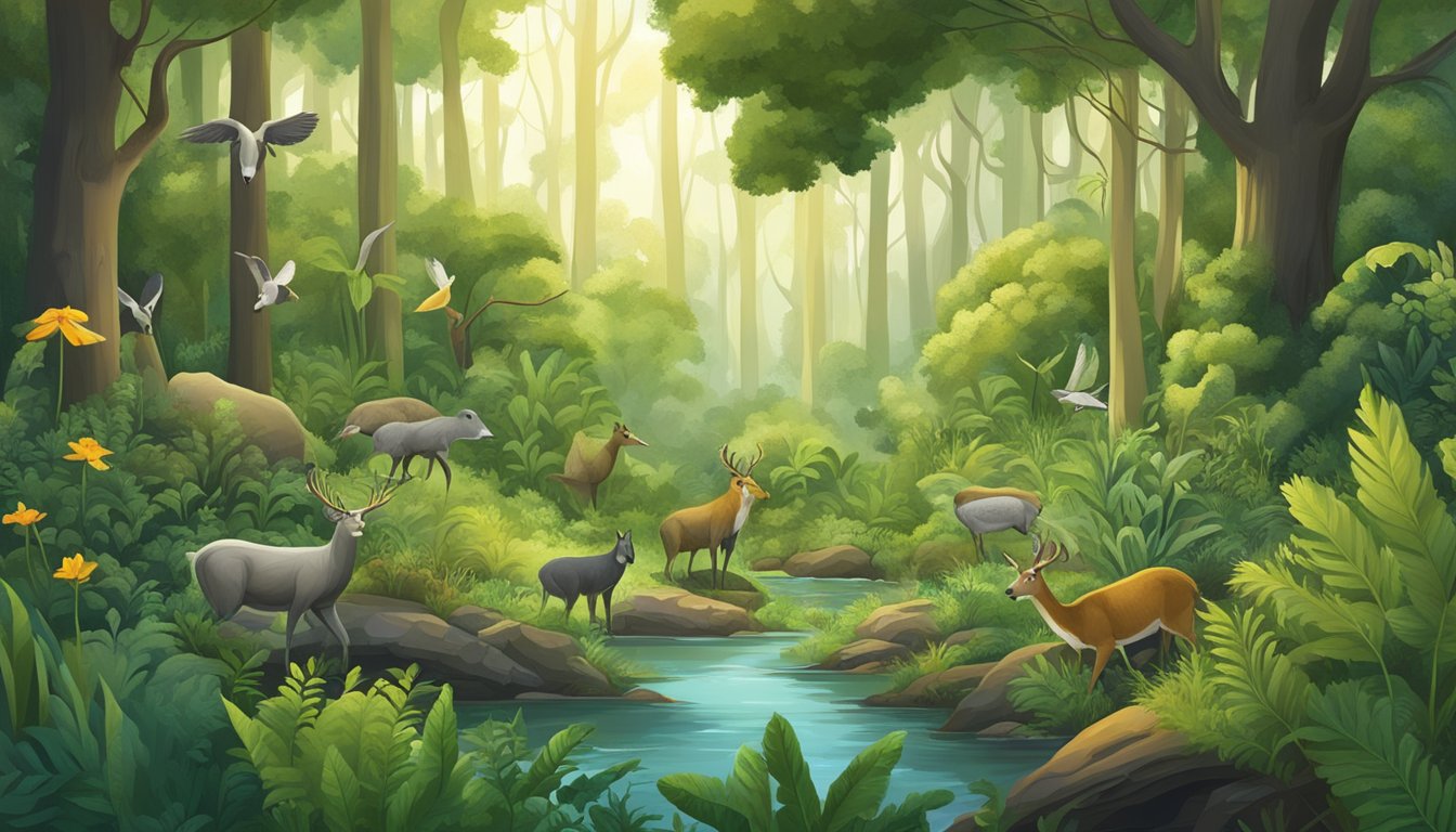 A lush forest with diverse plant and animal life, showcasing the interconnectedness of ecosystems and the role of foraging in habitat restoration