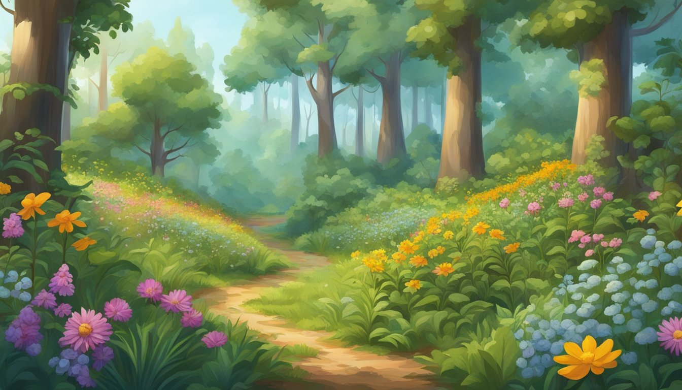 A lush forest clearing with vibrant wildflowers and buzzing bees. A variety of fruits and plants, such as stevia and monk fruit, are scattered throughout the scene