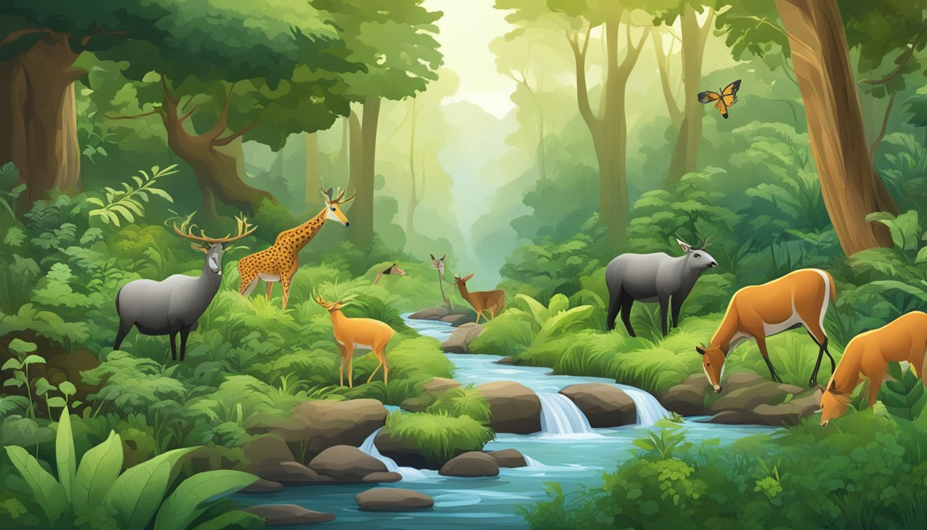 A lush forest with diverse plant life, a flowing stream, and various animal species foraging for food in a harmonious ecosystem