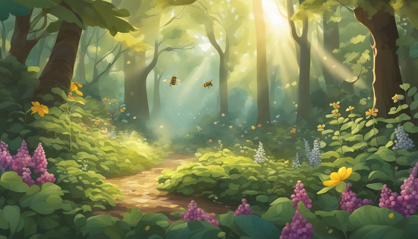 A lush forest floor with scattered wild berries, flowers, and honeybees buzzing around. Sunlight filters through the canopy, highlighting the natural sweeteners waiting to be foraged