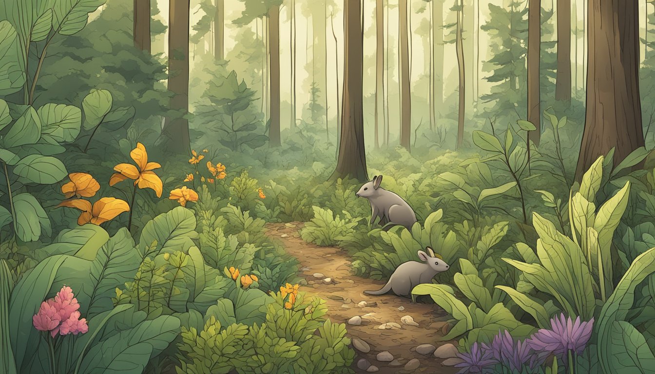 A lush forest floor with diverse plant life and small animals foraging for food, surrounded by signs of recent wildfire damage