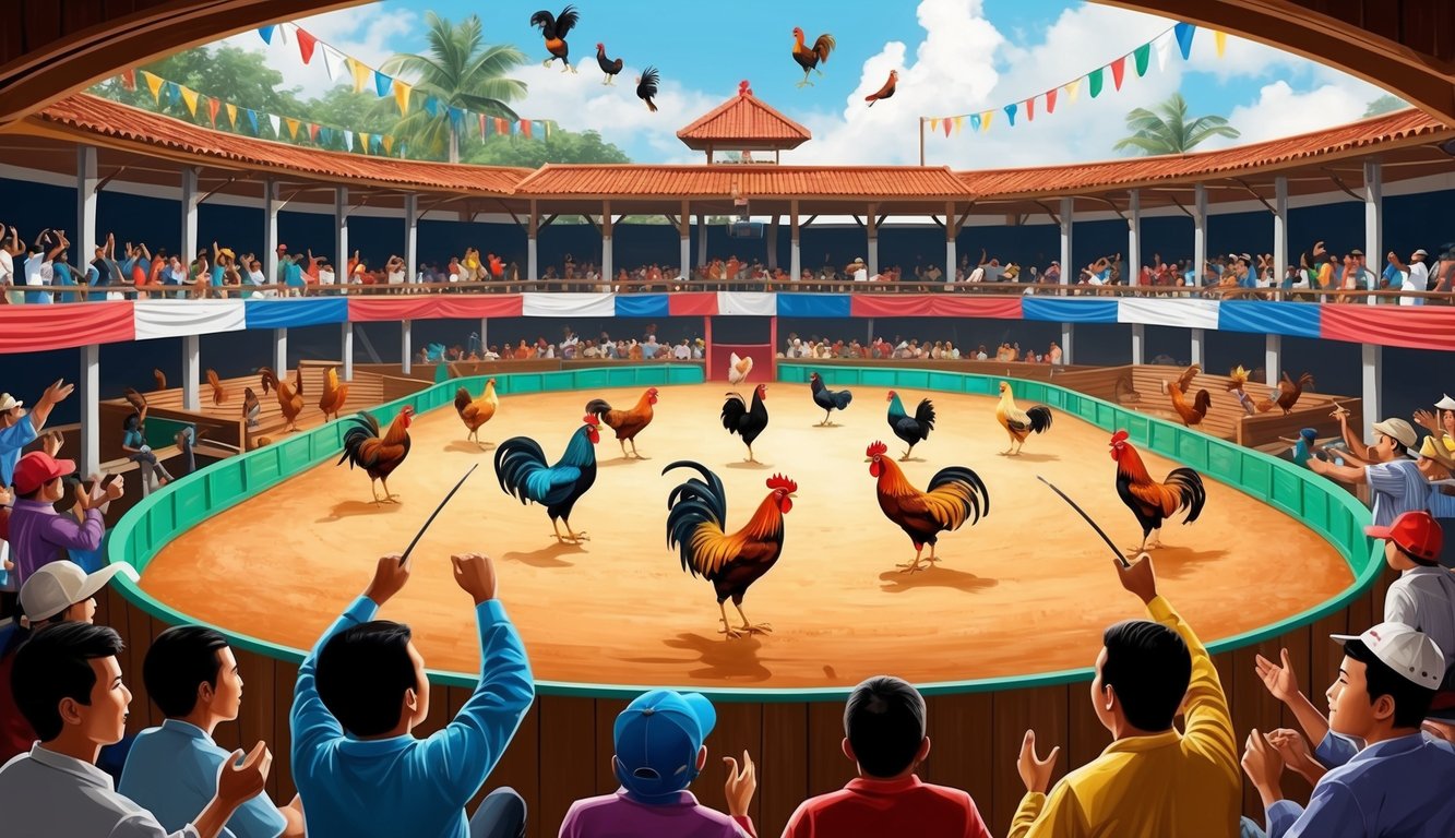 Sebuah arena sabung ayam Indonesia yang hidup dan ramai dengan penonton yang bersorak dan ayam jantan berwarna-warni di pusat aksi