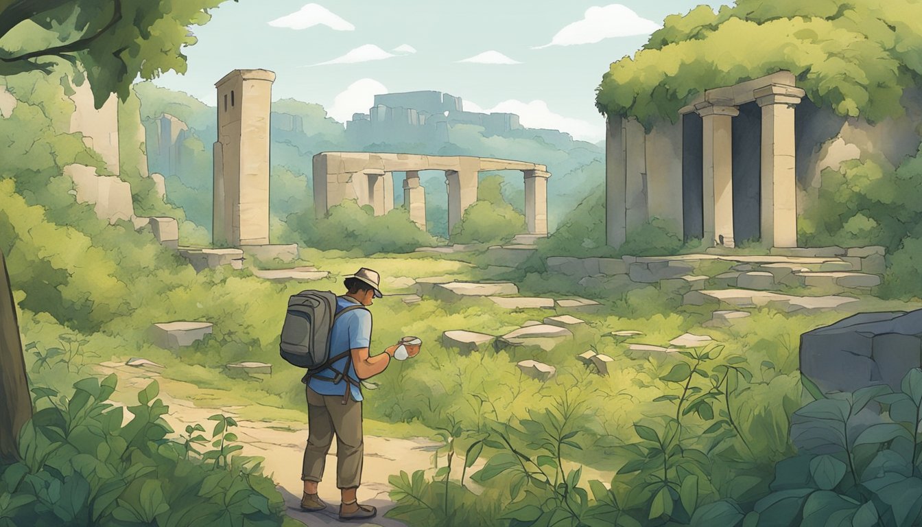 A person is foraging for wild foods in a historical site, surrounded by ancient ruins and overgrown vegetation. They are carefully identifying and collecting edible plants