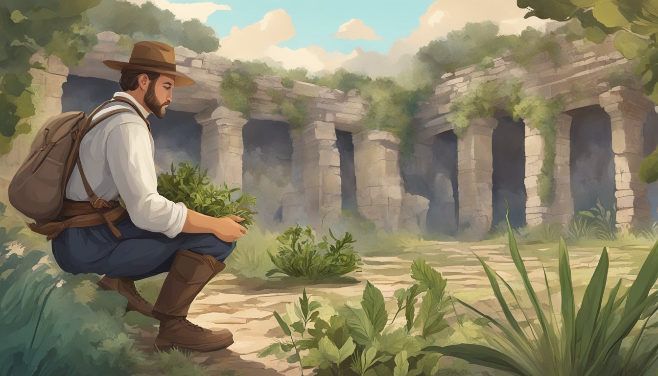 A person in historical clothing carefully gathers and tastes wild plants in a preserved historical site, surrounded by ancient ruins and artifacts