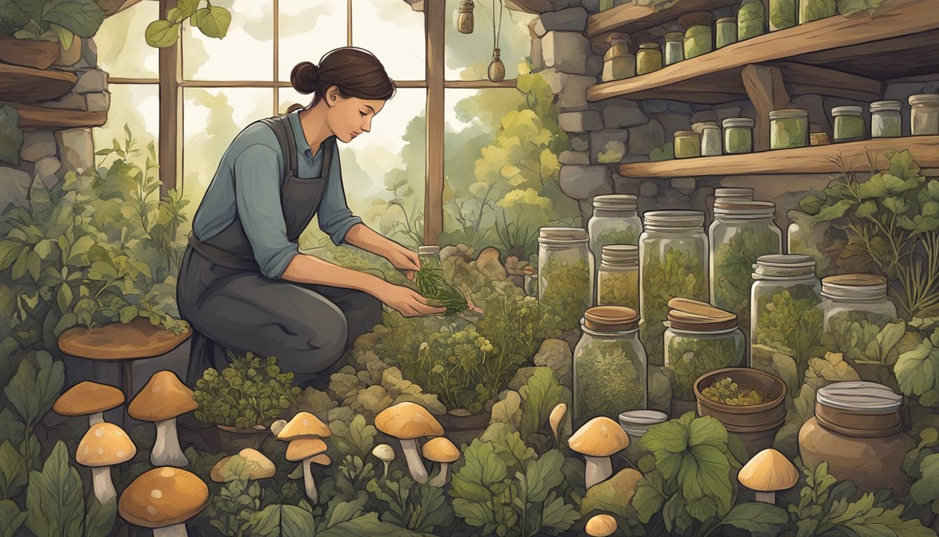 A person gathers wild herbs and mushrooms in a historical site. They clean and preserve the foraged finds in jars and bottles, creating a connection to the past through food