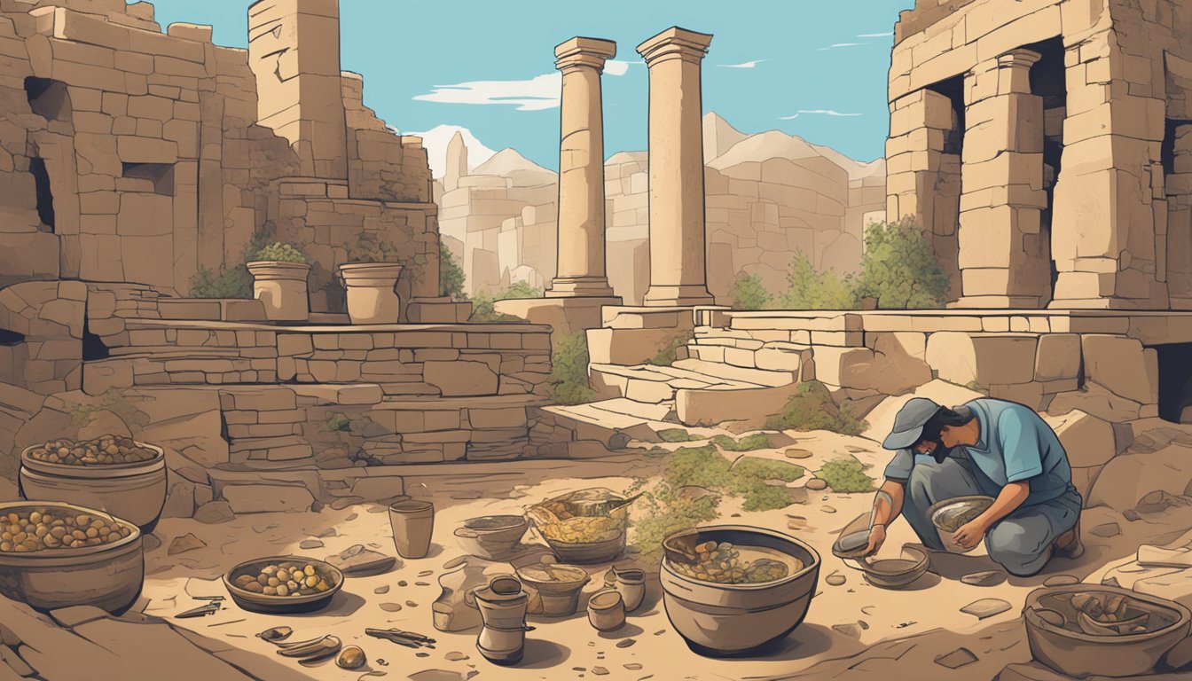 An illustration of a person foraging for food amidst ancient ruins, with remnants of pottery and tools scattered around