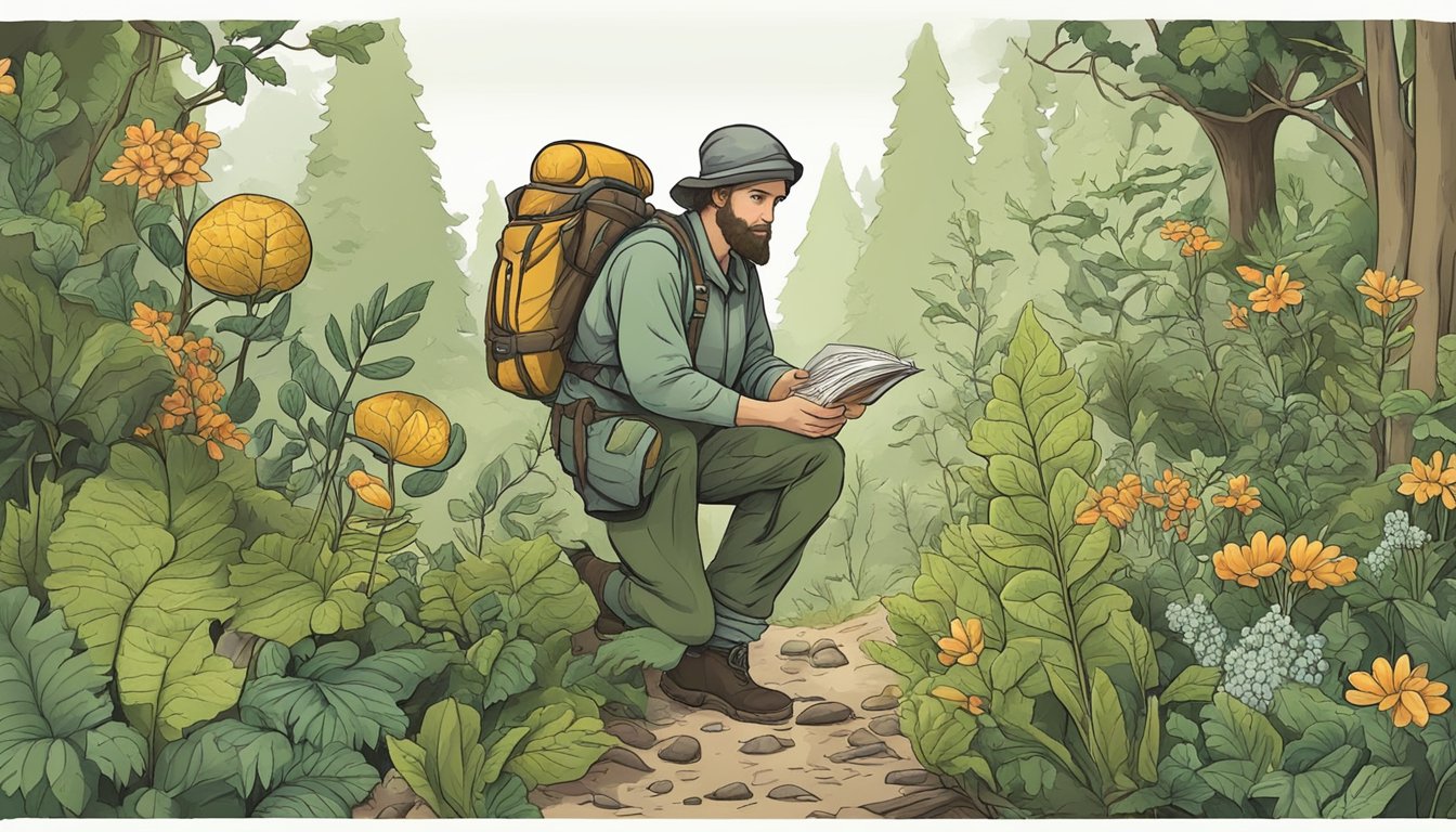 A woodland forager collects various plants while referencing a guidebook on poisonous flora