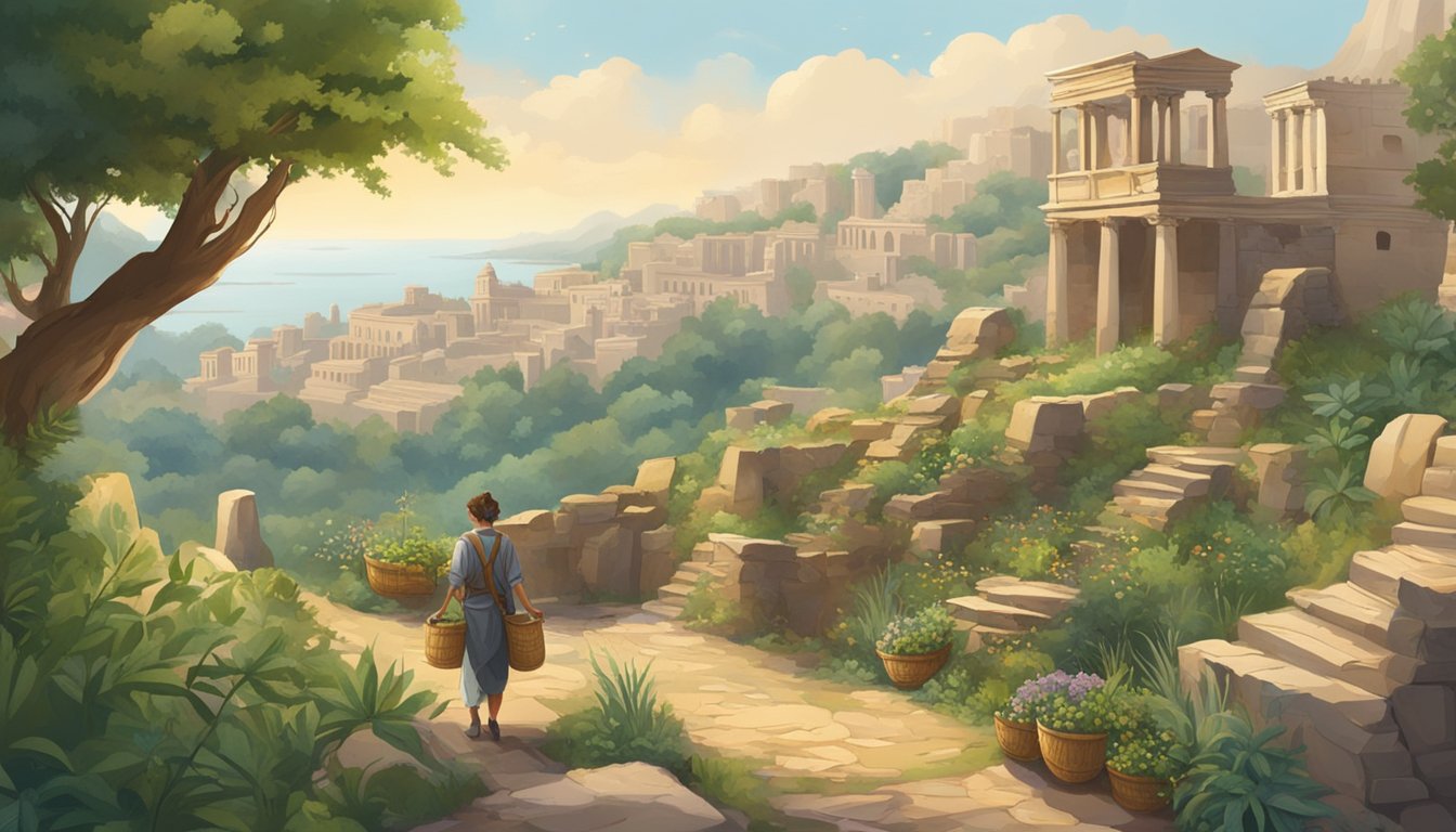 A figure uses a basket to collect wild plants and herbs among ancient ruins, with a backdrop of historical buildings and artifacts