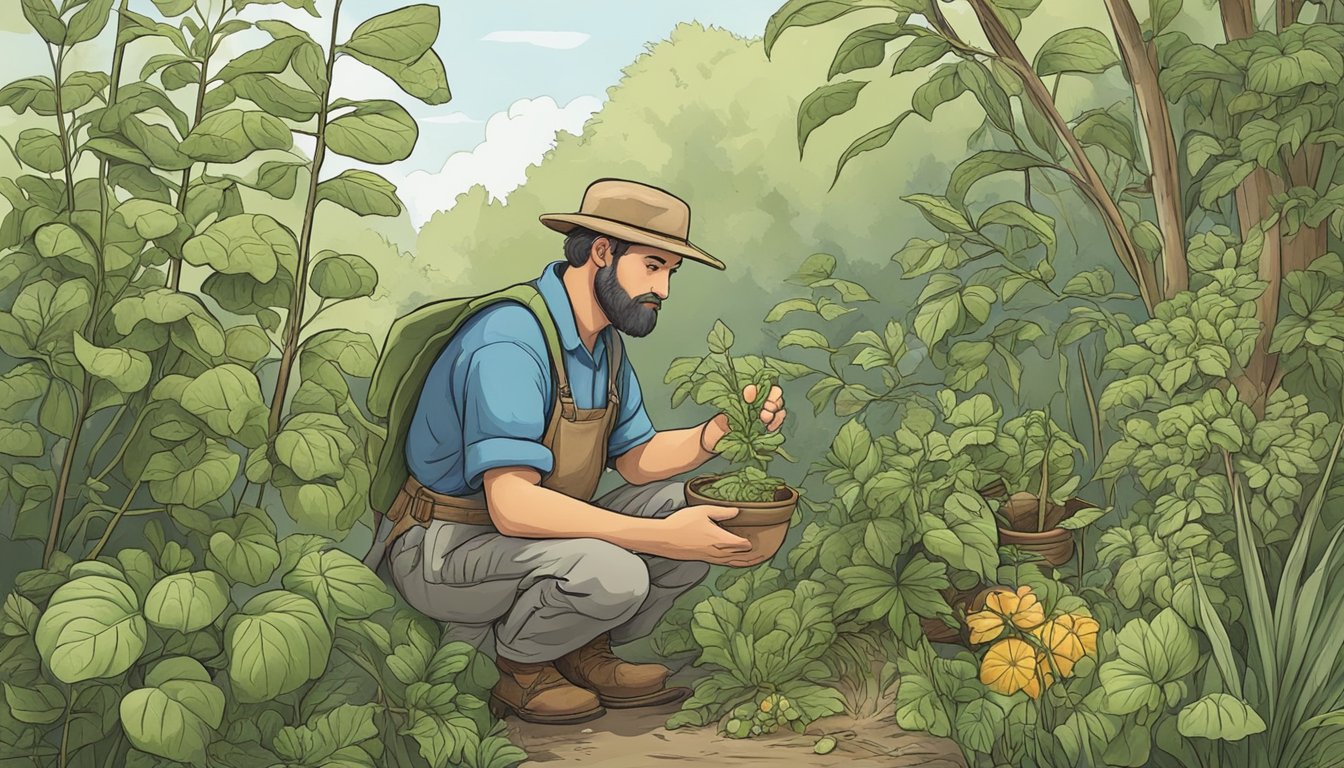 A forager carefully examines and collects various poisonous plants, noting their distinct features and potential medicinal uses