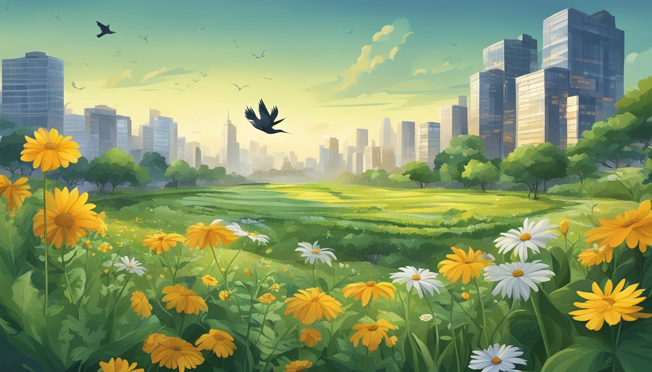 Lush greenery and wildflowers grow between city buildings and in rural fields, with birds and insects buzzing around