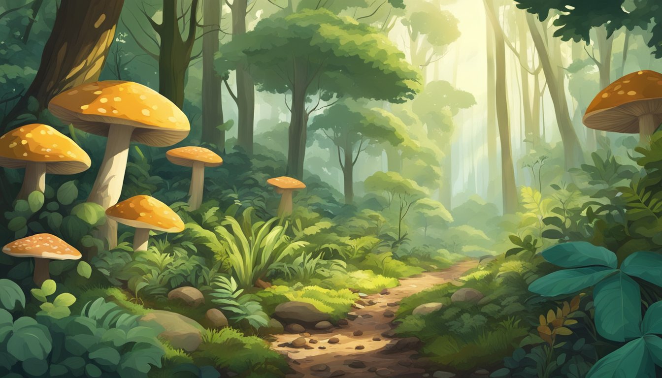 A lush forest with diverse vegetation, sunlight filtering through the canopy, and various edible plants and fungi scattered across the forest floor