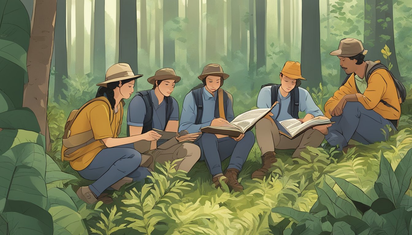 A group of foragers gather around a guidebook, pointing to various plants in a forest clearing. Some are examining the leaves closely while others are in deep conversation, sharing their knowledge and experiences