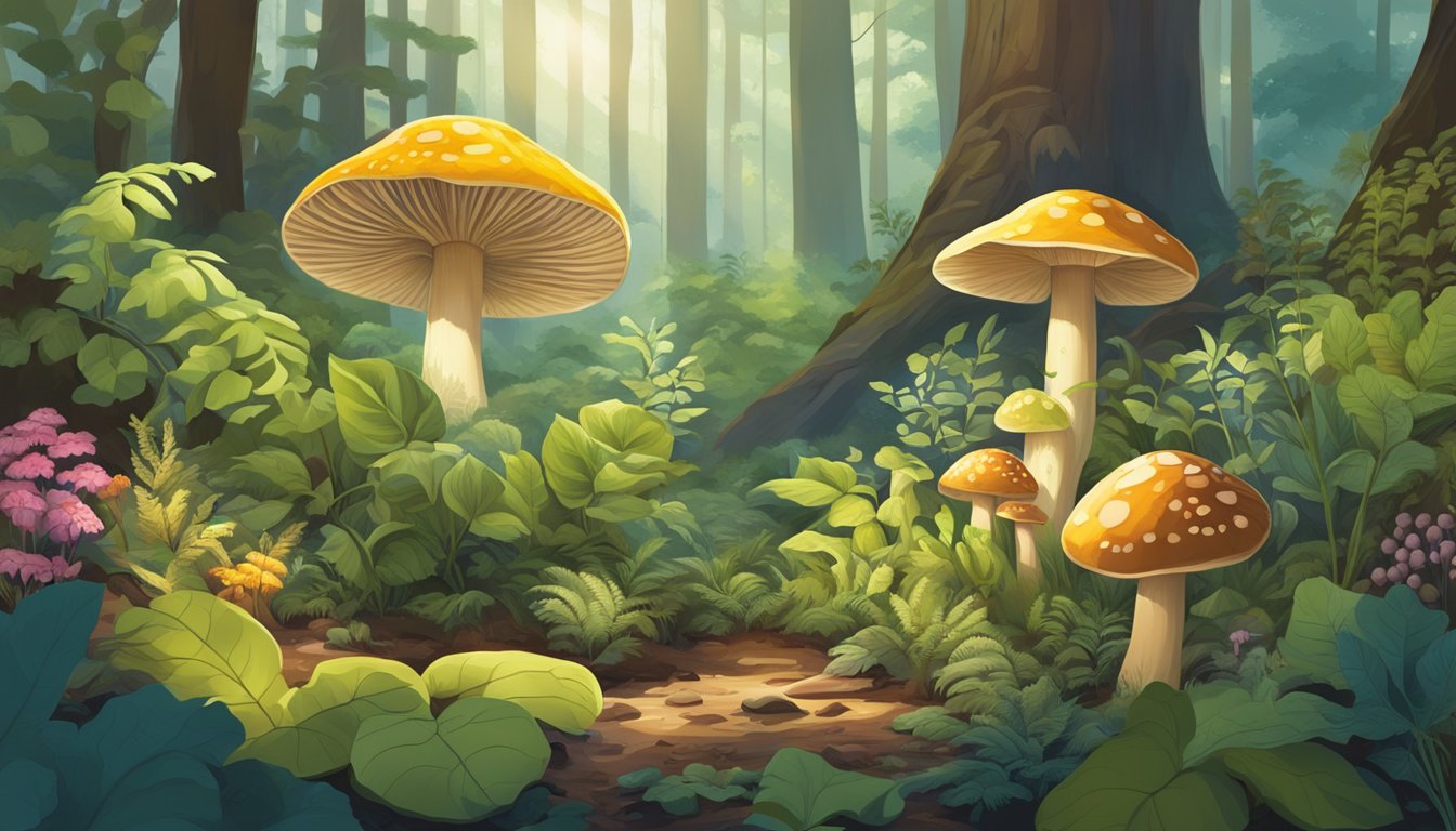 A lush forest floor with a variety of wild plants and mushrooms thriving in different microclimates. Sunlight filters through the canopy, illuminating the diverse bounty