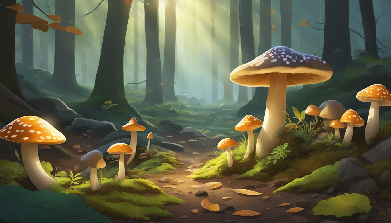 Mushrooms sprouting from damp soil in a shaded forest, surrounded by fallen leaves and moss-covered rocks. Sunlight filters through the canopy, illuminating the diverse array of fungi