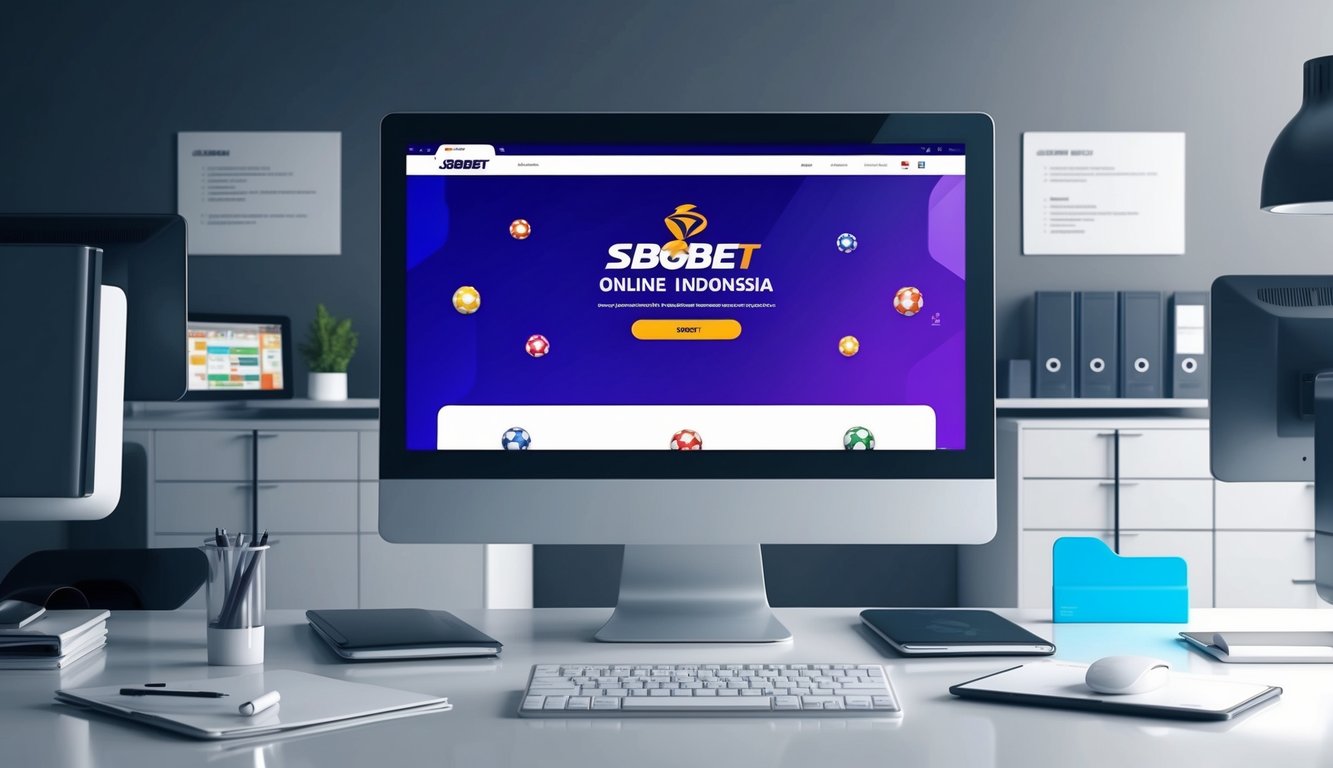 Agen sbobet online resmi Indonesia: Sebuah kantor yang ramping dan modern dengan layar komputer yang menampilkan situs web sbobet, dikelilingi oleh lingkungan profesional dan terorganisir.