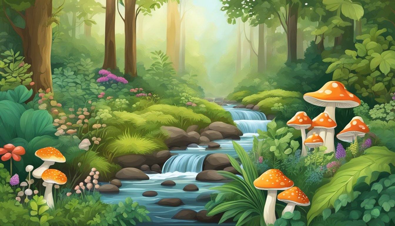 A lush forest with diverse plant life, mushrooms, and berries. A stream winds through the landscape, providing sustenance for the thriving ecosystem