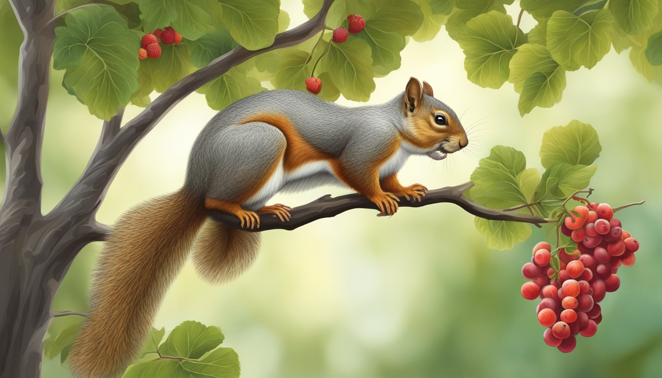 A squirrel perched on a tree branch, reaching for a cluster of ripe berries nestled within the lush foliage of a microclimate