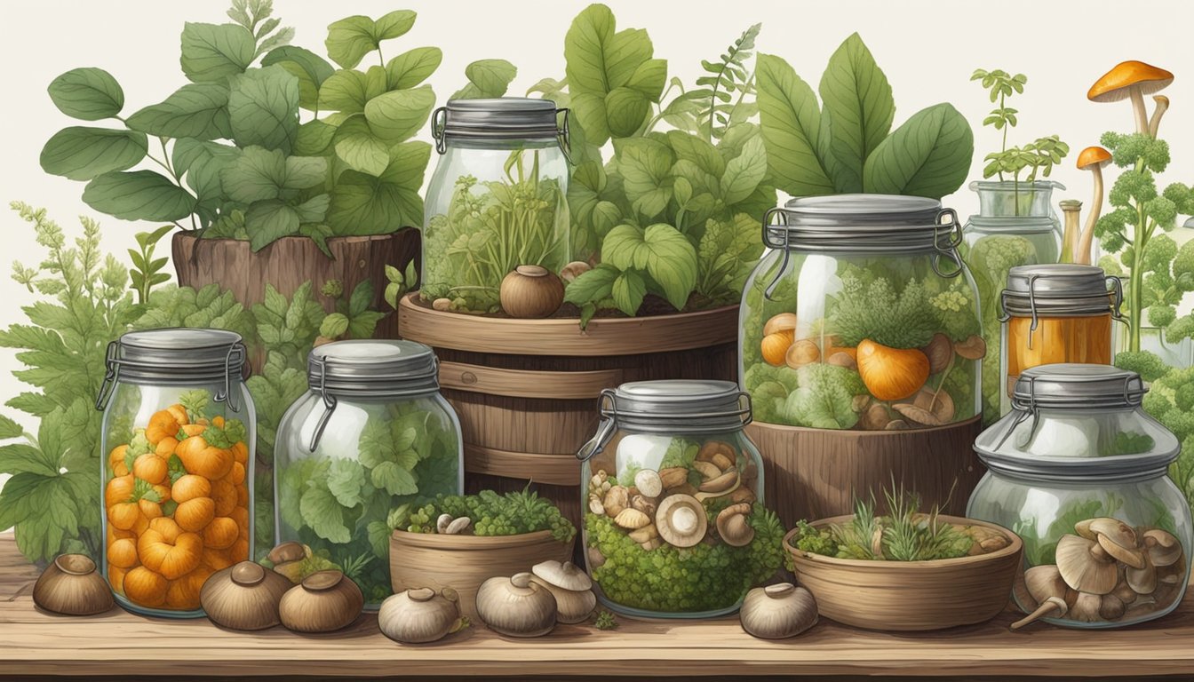 A lush forest clearing with a variety of wild plants, mushrooms, and herbs growing. A bubbling fermentation crock sits on a wooden table surrounded by jars and baskets of foraged ingredients