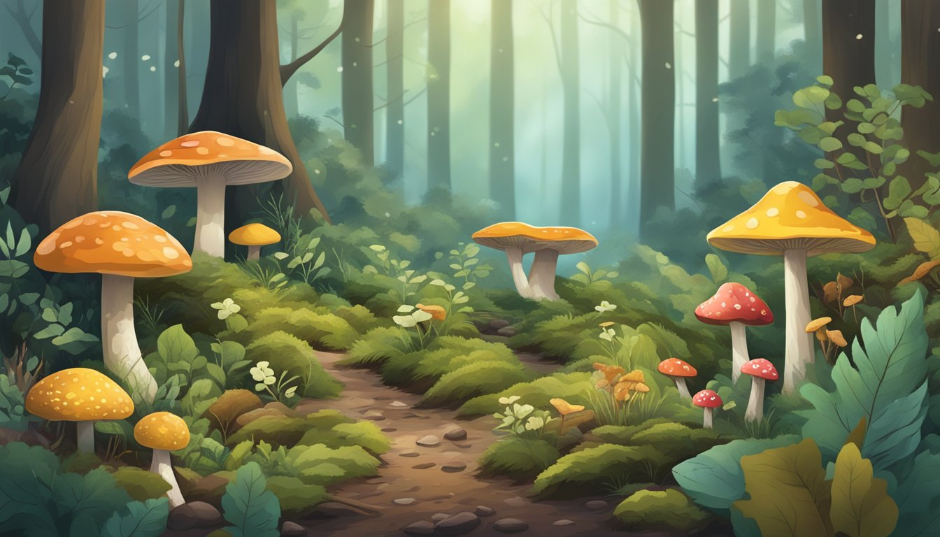 A forest floor with various wild plants and fungi, surrounded by changing seasonal colors and weather