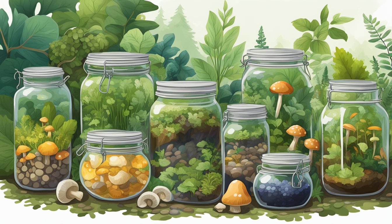 A lush forest floor with a variety of wild plants and mushrooms, a bubbling fermentation crock, and jars of colorful fermented foods