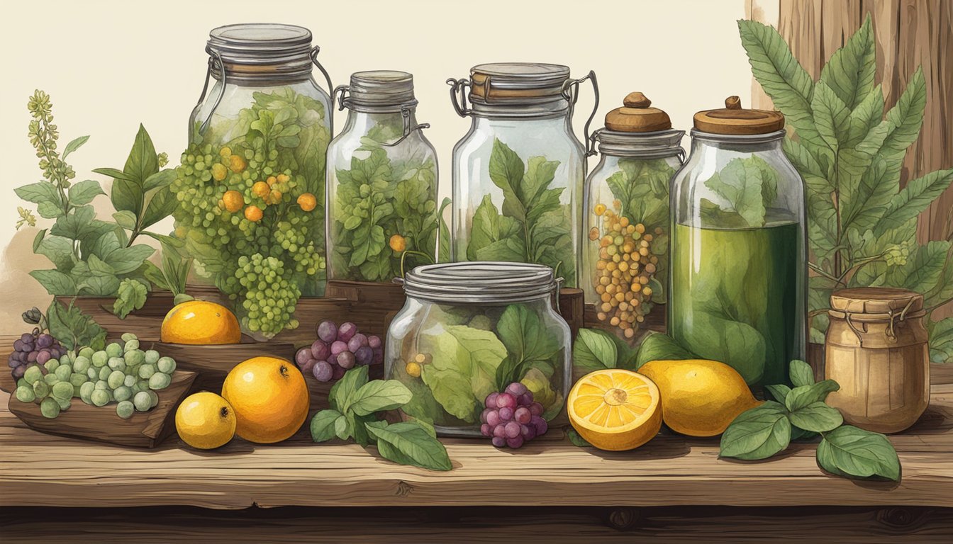 A collection of wild plants and fruits arranged on a rustic wooden table, alongside jars of fermenting concoctions and a well-worn guidebook