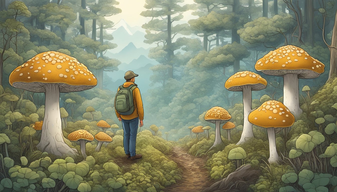 A forager carefully observes a dense network of soil mycelial networks, connecting with various fungi in a symbiotic relationship