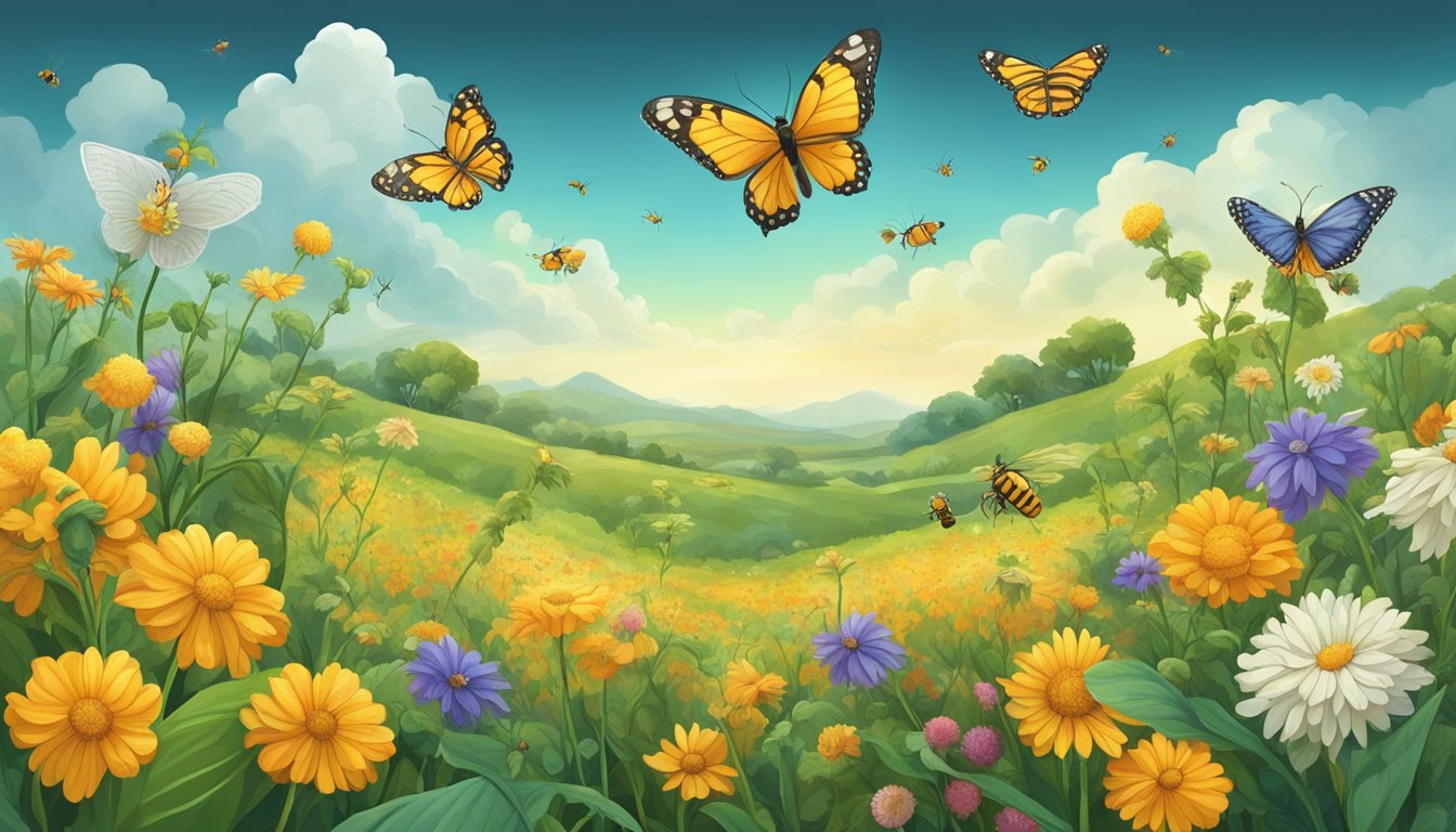 A lush field of diverse crops, surrounded by wild plants emitting natural fumigants. Bees and butterflies flit among the flowers, contributing to a thriving ecosystem