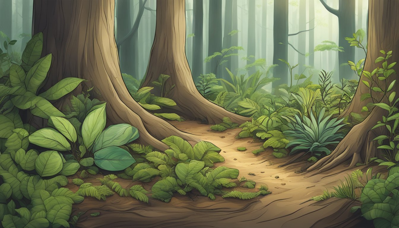 A forest floor with various plants, roots, and natural materials being collected and processed into adhesive and sealant substances