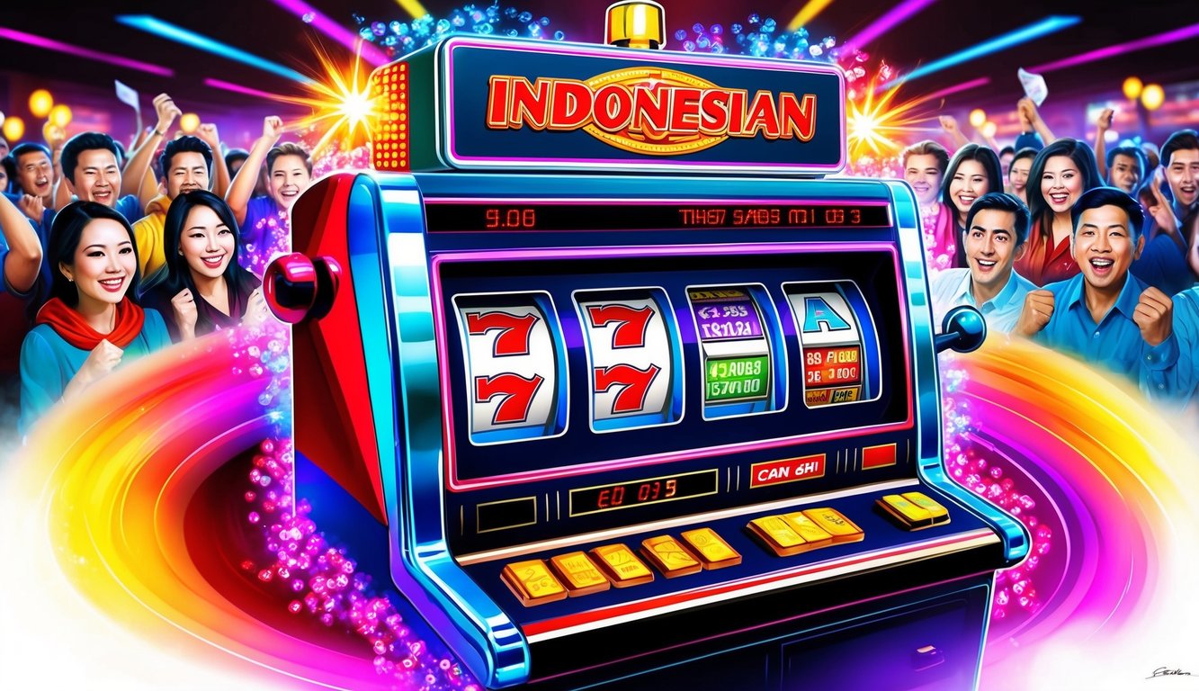 Sebuah mesin slot Indonesia dikelilingi oleh warna-warna cerah dan lampu berkedip, dengan kerumunan pemain yang bersemangat di latar belakang