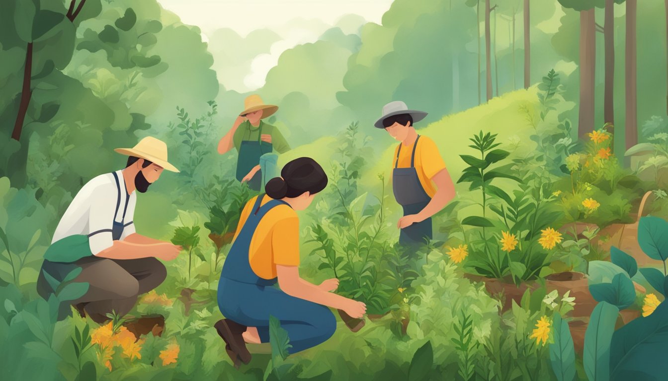 A group of conventional farmers gather wild plants and herbs from a lush forest, carefully selecting natural fumigants to use as alternatives to pesticides