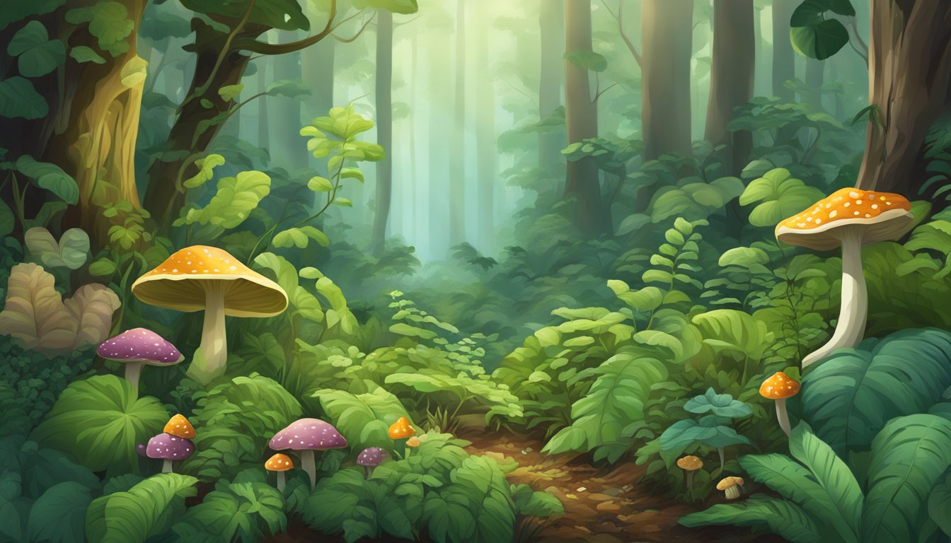 A lush forest floor with various plants and fungi emitting natural fumigants, surrounded by healthy and diverse plant life