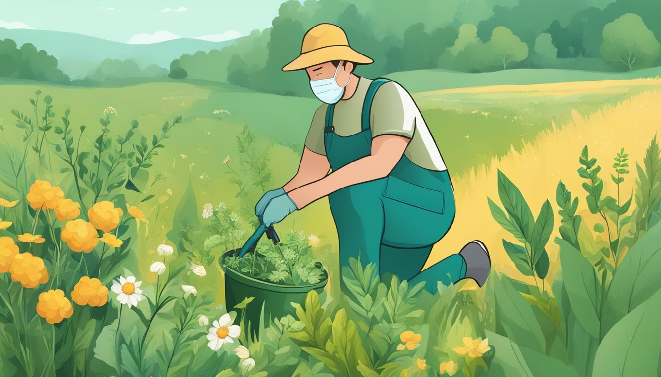 A person is gathering wild plants in a field. They are cutting and collecting various types of biofumigants to use as natural alternatives to pesticides