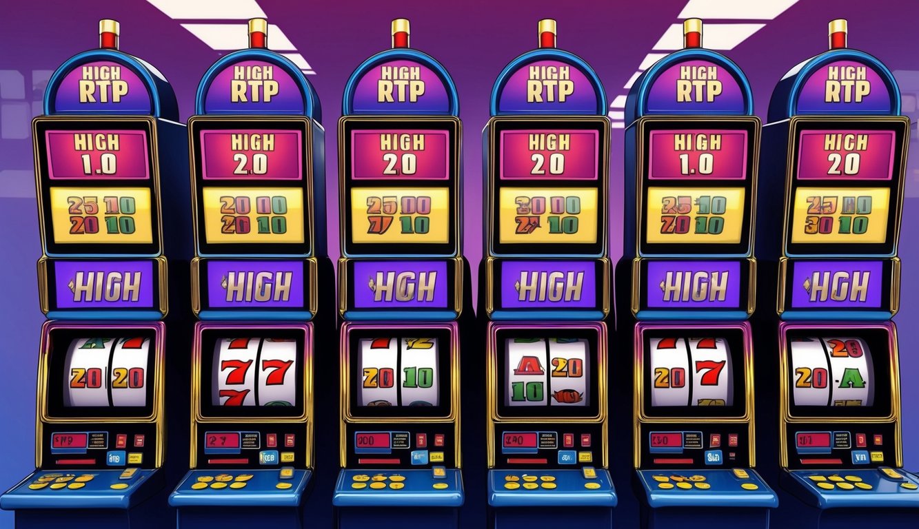 Sekumpulan mesin slot berwarna-warni dengan persentase RTP tinggi yang ditampilkan di layar mereka