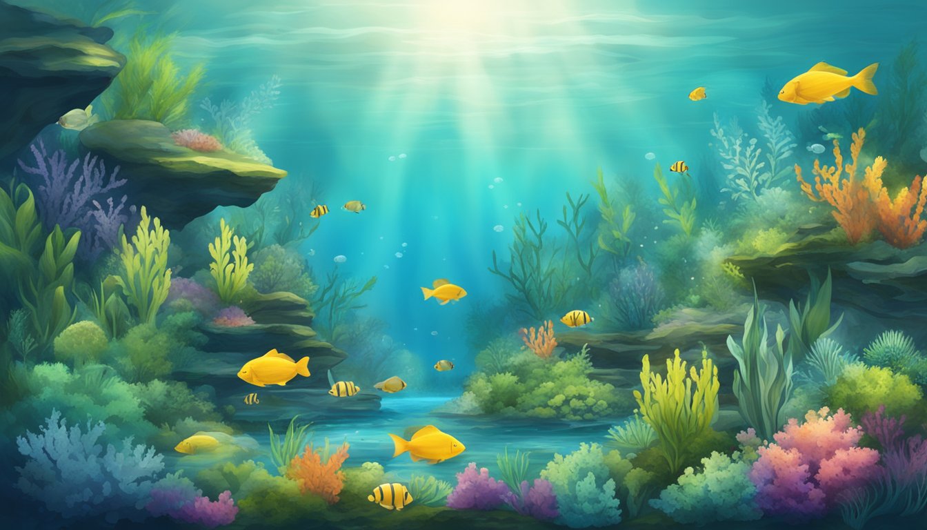 A serene underwater landscape with vibrant aquatic life surrounded by wild plants emitting natural fumigants, promoting a healthy ecosystem