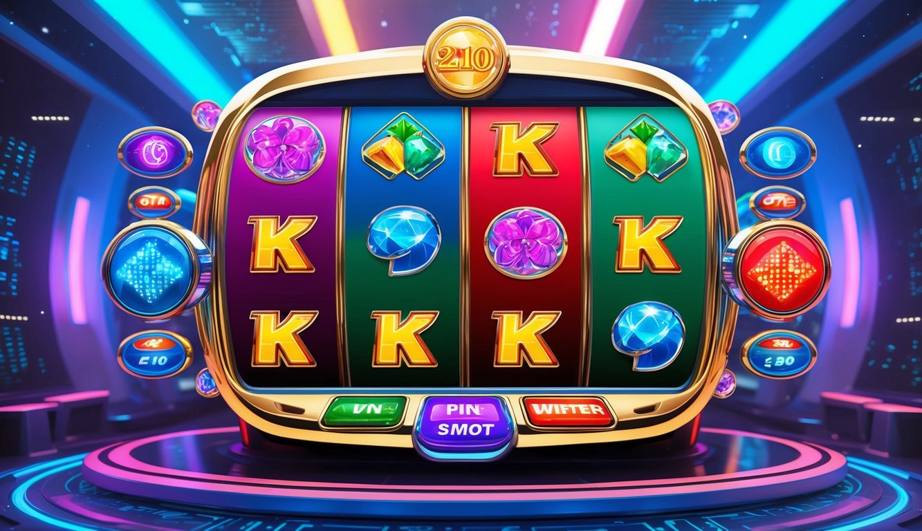 Antarmuka digital yang berwarna-warni dan hidup dengan berbagai simbol permainan slot dan tombol, diletakkan di latar belakang futuristik